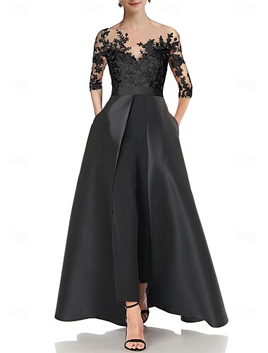  Combinaisons mère de la mariée invitée de mariage élégantes décolleté bijou longueur de sol en satin à manches 3/4 avec appliques couleur unie 2025 taille personnalisée gratuite