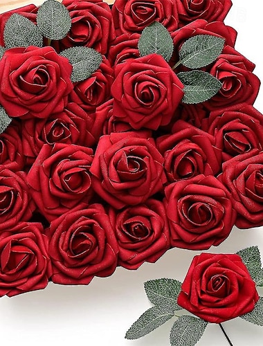  25 pièces de roses rouges fleurs artificielles roses rouge foncé en mousse au toucher réel fausses roses en vrac avec tige bricolage fleurs artisanales pour mariage bouquets de mariée pièce maîtresse
