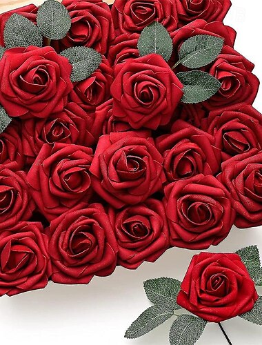  25 pièces de roses rouges fleurs artificielles roses rouge foncé en mousse au toucher réel fausses roses en vrac avec tige bricolage fleurs artisanales pour mariage bouquets de mariée pièce maîtresse