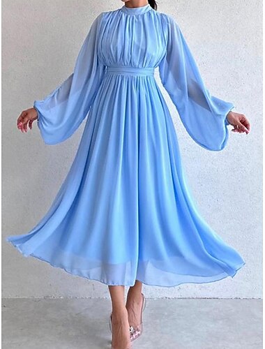  Damen Weißes Kleid kleid lang Chiffon Rüschen Verabredung Elegant Strassenmode Ständer Langarm Schwarz Weiß Rosa Farbe