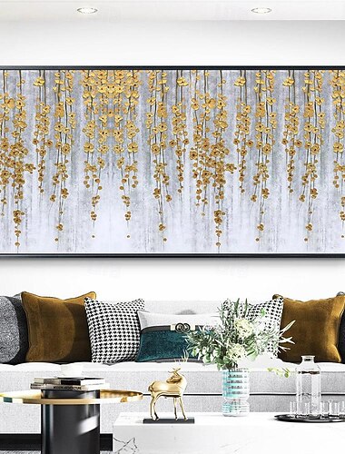  Handgemaltes Messergoldblumengemälde, Blattgoldgemälde, Goldfolienblumengemälde auf Leinwand, Acrylwandgemälde für Wohnzimmer, Hotel, Wanddekoration, Kunst, Heimdekoration