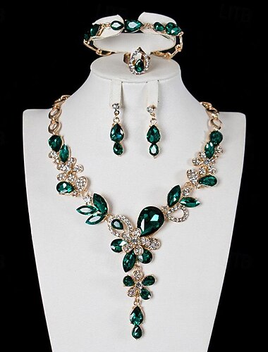  مجموعة مجوهرات 4PCS زجاج سبيكة الحلقات أقراط القلائد سوار نسائي أنيق عتيق ترف هندسي هندسي مجموعة مجوهرات من أجل زفاف مناسب للحفلات ضيف حفل زفاف