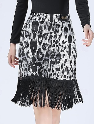  ריקוד לטיני ריקודים סלוניים חצאיות הדפס נמר הדפסה פרנזים בגדי ריקוד נשים הצגה הדרכה גבוה מילק פייבר