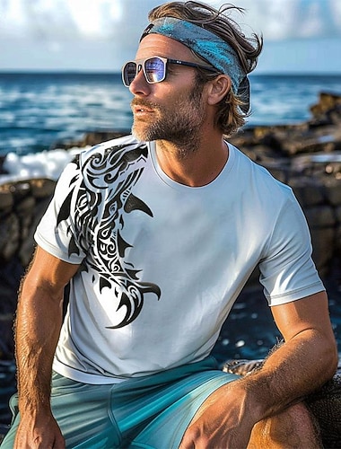  Męskie Graficzny Rybki Podkoszulek Koszulka Krótki rękaw Podkoszulek Druk 3D Półgolf Koszula Urlop Hawajskie Styl kurortowy Sporty na świeżym powietrzu Święto Wyjściowe Czarny Biały Błękit nieba