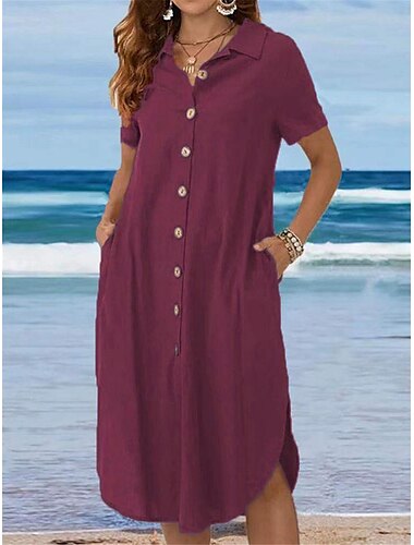  Damen Schwarz Weiß Wein Sommer Frühling Midikleid Baumwoll-Leinen-Kleider Hemdblusenkleid Freizeitkleid Basic Modern Täglich Wochenende Lässiger Schnitt Einfach Hemdkragen