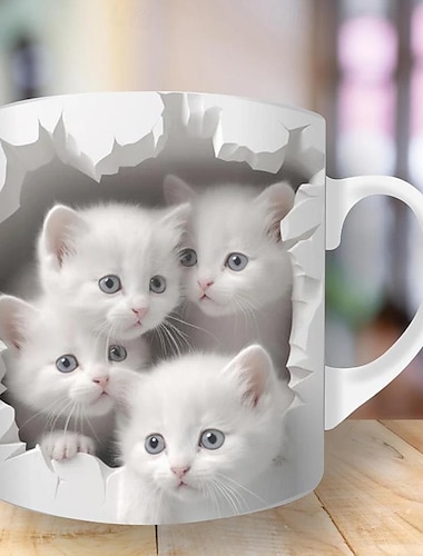  Taza de café con diseño de gatitos con impresión 3D, taza de café de cerámica con diseño de gato, taza de café con diseño de gato en 3D, taza de café para amantes de los gatos, taza de club de gato, taza de cerámica blanca, regalos para hombres y mujeres