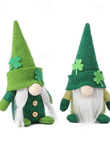  st. Patrick's Day-Feiertagsdekoration: Rudolph-Puppe mit irischem Trikolore-Grünhut, gesichtsloser alter Mann mit grünem Blatt