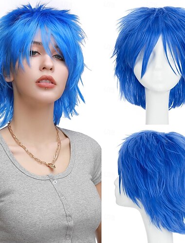  Nők és Férfiak Rövid Bolyhos Egyenes Haj Parókák Anime Cosplay Party Jelmez Szintetikus Tüskés Paróka Sötét Kék Halloween Parókák