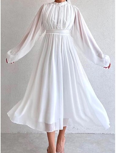  robe blanche Robe casual Robe Évasée Femme robe longue Ruché Plein Air Rendez-vous Elégant Vêtement de rue Mao manche longue Standard Noir Blanche Rose Claire S M L XL