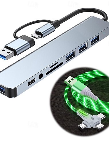  USB 3.0 USB C Hubs 8 Hamnar 8-i-1 USB-nav med USB 3.0 5V / 1,5A Kraftleverans Till Bärbar dator Smartphone