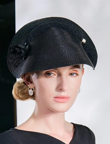  סרטי ראש כובעים סיבים באולר / כובע קש כובע קש כובע שמש כובע שמש חתונה מסיבת תה חתונה אלגנטית עם פנינים כיסוי ראש טול