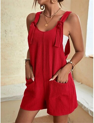  Damen Normal Jumpsuit Basic Feste Farbe Ärmellos Rundhalsausschnitt Knopf Tasche Strasse Täglich Regular Fit Schwarz Hellgrün Rosa Sommer