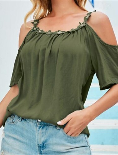  Camisa Social Camisa de renda Blusa Mulheres Branco Rosa Verde Tropa Tecido Ombro frio Rua Diário Moda Decote Redondo Normal S