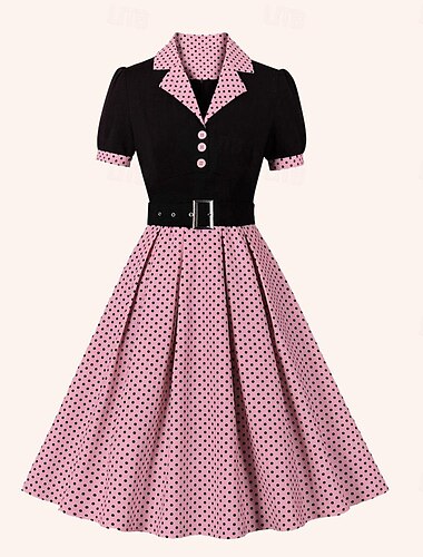 Retro Vintage 1950er Kleid A-Linie Kleid Swing-Kleid Tupfen Umlegekragen Damen Date Junggesellinnenabschiedsparty Erwachsene Kleid Abschlussballkleider Sommer Frühling