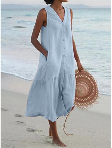  Γυναικεία Φόρεμα από βαμβακερό λινό Φόρεμα για τον ήλιο Μίντι φόρεμα Κουμπί Τσέπη Καθημερινό Διακοπές Παραλία Λαιμόκοψη V Αμάνικο Καλοκαίρι Άνοιξη Λευκό Ανθισμένο Ροζ Σκέτο