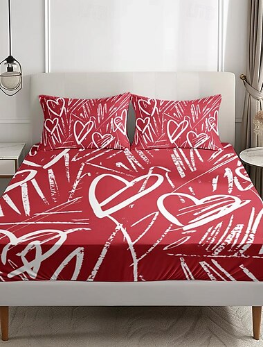  Spannbettlaken-Set mit Liebes-Herz-Muster, 100 % Baumwolle, ultraweich, atmungsaktiv, seidig, Bettwäsche mit tiefen Taschen, 3-teilig, Queen-Size-Größe