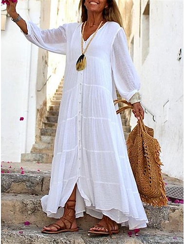  Γυναικεία Λευκό φόρεμα Φόρεμα πουκαμίσα Φόρεμα από βαμβακερό λινό Μακρύ φόρεμα Με Βολάν Κουμπί Βασικό Καθημερινά Λαιμόκοψη V 3/4 Μήκος Μανικιού Καλοκαίρι Άνοιξη Λευκό Κίτρινο Σκέτο