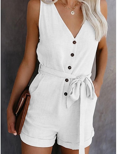  Women's Romper Lace up Button Solid Color V Neck Streetwear Street Daily Regular Fit Sleeveless Black White Wine S M L Summer