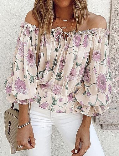  Dames Overhemd Blouse Veters Knop Afdrukken Bloemig Modieus Lange mouw Koude schouder Schouderafhangend Normale tops Casual Feestdagen blauw Wit Blozend Roze Beige Zomer