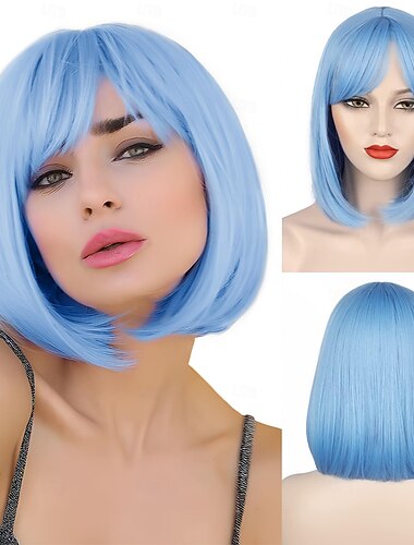  Blaue Bob-Perücken für Frauen kurze Haar-Perücke mit Pony gerade Bob-Perücken mit Mittelscheitel weiche synthetische Vollperücken für den täglichen Gebrauch und Partys 14 Zoll Halloween-Perücken