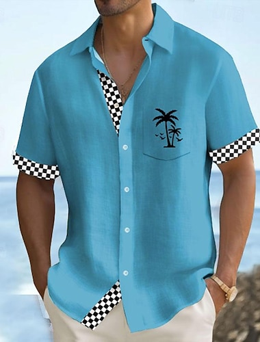  Ouku Herren einfarbig kariert Sommer Hawaiihemd Aloha-Hemd bedruckte Hemden Kurzarmhemd Umlegekragen Hawaiian Resort Outdoor Urlaub Gelb Rosa Blau S M L