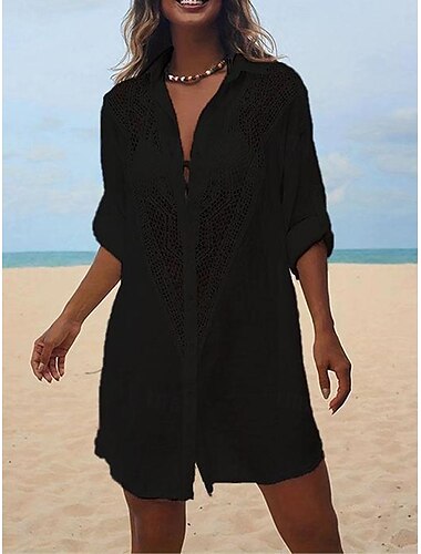  Damen Minikleid Leinen-inspirierte Kleider Weißes Kleid Hemdblusenkleid Überwurf Hawaiianisch Urlaub Ferien Strand Lässiger Schnitt Langarm Hemdkragen Schwarz Weiß Sommer