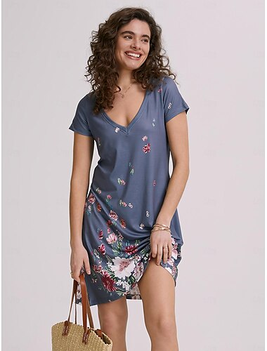  Damen Mini Kleid Freizeitkleid Petite Kleid T-Shirt Kleid Tee Kleid Sommerkleid Basic Outdoor Urlaub Geburtstag Regular Fit Floral Kurzarm V-Ausschnitt Hellblau Weiß Hellgrün Rot Sommer