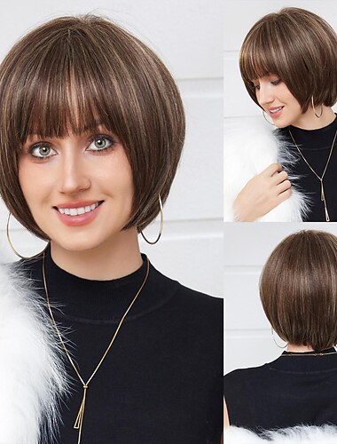  Echthaarmischung Perücke Kurz Natürlich gerade Pixie-Schnitt Seitenteil Stufenhaarschnitt Asymmetrischer Haarschnitt Braun Cosplay Lockenwickler & Richtmaschine Natürlicher Haaransatz Kappenlos