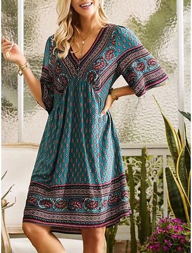  Damen Midikleid Casual kleid Sommerkleid Boho-Kleid Strassenmode Urlaub Strasse Festtage Regular Fit Graphic Kurzarm V Ausschnitt Rosa Rote Marineblau Blau Sommer