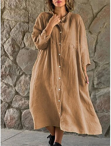  Damen Schwarz Weiß Gelb Sommer Frühling Midikleid Leinen-inspirierte Kleider Hemdblusenkleid Freizeitkleid Basic Modern Täglich Wochenende Lässiger Schnitt Einfach Hemdkragen