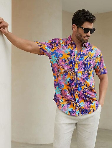  Voor heren Tropisch Overhemd Hawaiiaans overhemd Overhemd met knopen Korte mouw Hawaii Mode-casual Vakantie Dagelijks Hawaii Zomer Revers Afdrukken Paars