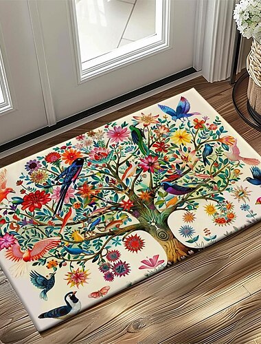  Felpudo de árbol de la vida con pájaros, alfombras lavables, alfombra de cocina, alfombra antideslizante a prueba de aceite, alfombra para interiores y exteriores, decoración de dormitorio, alfombra