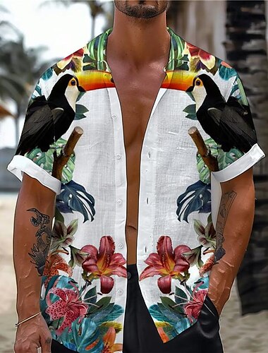  Herren Tropisch Papagei Hemd Hawaiihemd Sommerhemd Aloha-Shirt Kurzarm Hemd Umlegekragen Urlaub Hawaiianisch Resort-Stil Outdoor Urlaub Strand Weiß Blau Grün S M L