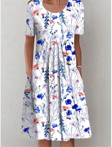  Femme Robe mi-longue Robe casual Robe d'été Vêtement de rue Vacances Plein Air Ample Floral Manche Courte Col Ras du Cou Blanche Bleu Roi Bleu Bleu clair Eté