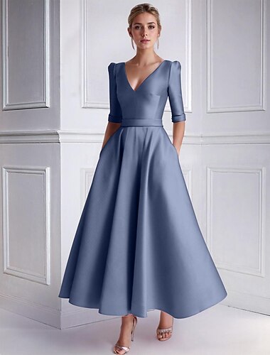  A-linja Polven yli Cocktailmekot Juhlamekot Tyylikäs Puolihiha V kaula-aukko Muodollinen Häävieras Satiini kanssa Tasku 2025