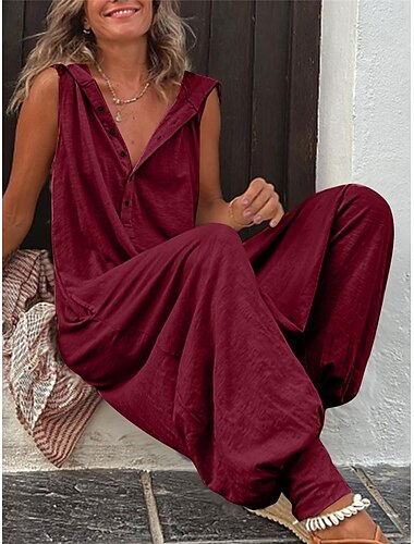  Dames Normaal Jumpsuit Streetwear Effen Kleur Mouwloos V-hals Knop Straat Dagelijks Normale pasvorm Wijn Leger Groen Groen Zomer