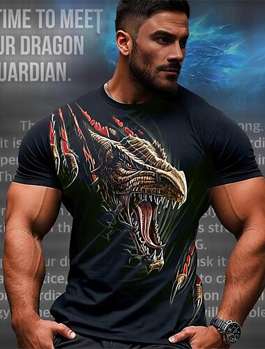  ドラゴンガーディアン×ルー |メンズ 3D ドラゴン 神話上の生き物 ダーク スタイル ストリートウェア Tシャツ 半袖