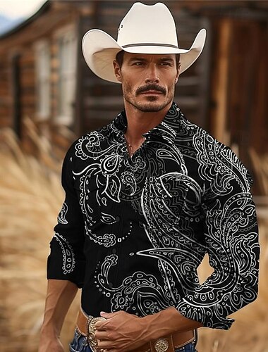  Per uomo Paisley Camicia Western Camicia da cowboy Manica Lunga Vintage Stile Western Tribale All'aperto Vacanza Corsa di Cavalli Primavera & Estate Collo ripiegato Stampato Bottonato Rosso scuro
