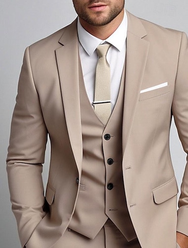  khaki színű férfi esküvői öltöny egyszínű 3 részes napi üzleti molett, egysoros kétgombos 2024