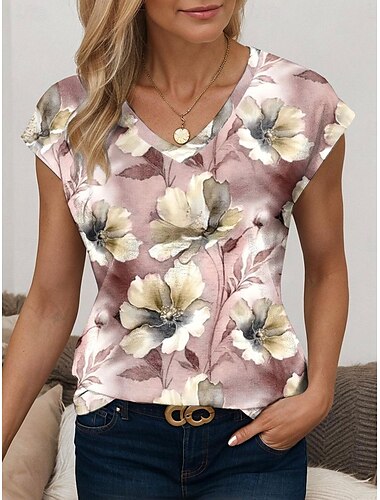  Damen Spaghetti-Top Tropische Mode Floral Print Kurzarm Regelmäßige Tops V-Ausschnitt Lässig Pink Sommer