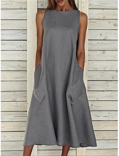  Damen Midikleid ärmellos Taschen lässig A-Linien-Silhouette runder Ausschnitt weiß sommerlich vielseitig normale Passform bequem leicht atmungsaktiv Kleidung