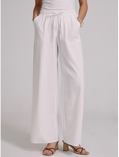  Damskie Spodnie szerokie nogawki Lniane spodnie Pościel bawełniana Boczne kieszenie Spodnie szerokie nogawki Workowaty Pełna długość Biały Lato