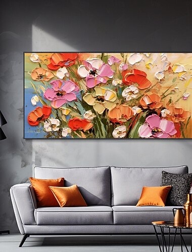  Pintura al óleo de flores de textura pesada 3D sobre lienzo pintada a mano, arte floral colorido moderno, decoración de pared para dormitorio de niñas, espátula abstracta, pintura de flores, regalo de