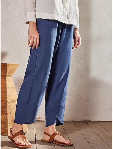  Mujer Chinos Pantalones anchos Sabana de algodon Bolsillos laterales Holgado Media cintura Hasta el Tobillo Azul Marino Verano