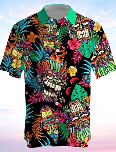  Voor heren Totem Overhemd Hawaiiaans overhemd Aloha-shirt Korte mouw Overhemd Strijkijzer Vakantie Hawaii Buiten Vakantie Hawaii Blauw Fuchsia Groen S M L