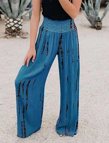  Women's Pants Trousers Casual Daily Long Tie Dye Wide Leg Elastic Waistband Printing Breathability Comfortable Micro-elastic Going out Weekend Pink Blue Green Gray Spring & Summer Regular Fit