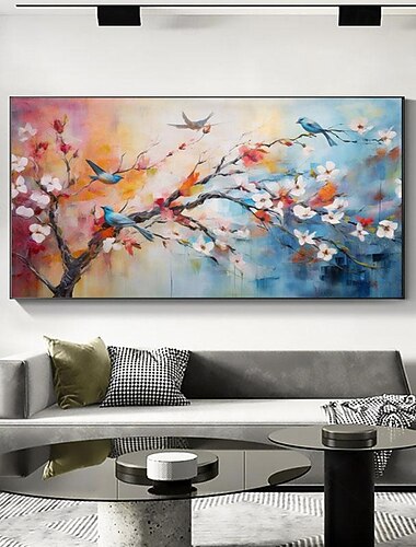  Peinture à l'huile colorée peinte à la main sur toile, grand art mural abstrait, fleurs, oiseaux, peinture personnalisée, décor de salon, sans cadre