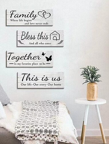  4-teiliges Set Wandschilder „This is us Together Bless This Home Family“, Wanddekoration für Wohnzimmer und Schlafzimmer, inklusive Klebeband