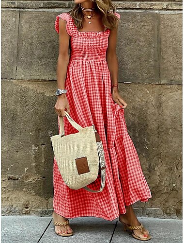  Damen Langes Kleid Maxikleid Abschlusskleid Kariertes Kleid Freizeitkleid Schwingkleid Streetwear Maxi Urlaub Straße Ferien Normale Passform Karomuster Ärmellos Spaghettiträger Schwarz Rote Blau Beige
