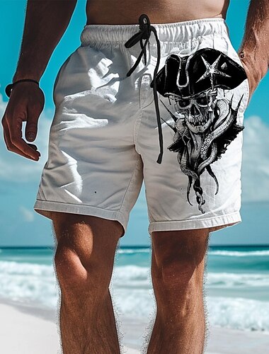  Herr Dödskalle Pirat Shorts Sommarshorts Beach Shorts Medium Midja Hawaiisk Ledigt Utomhus Helgdag Utekväll Snörning Elastisk midja Mönster Designer Kläder